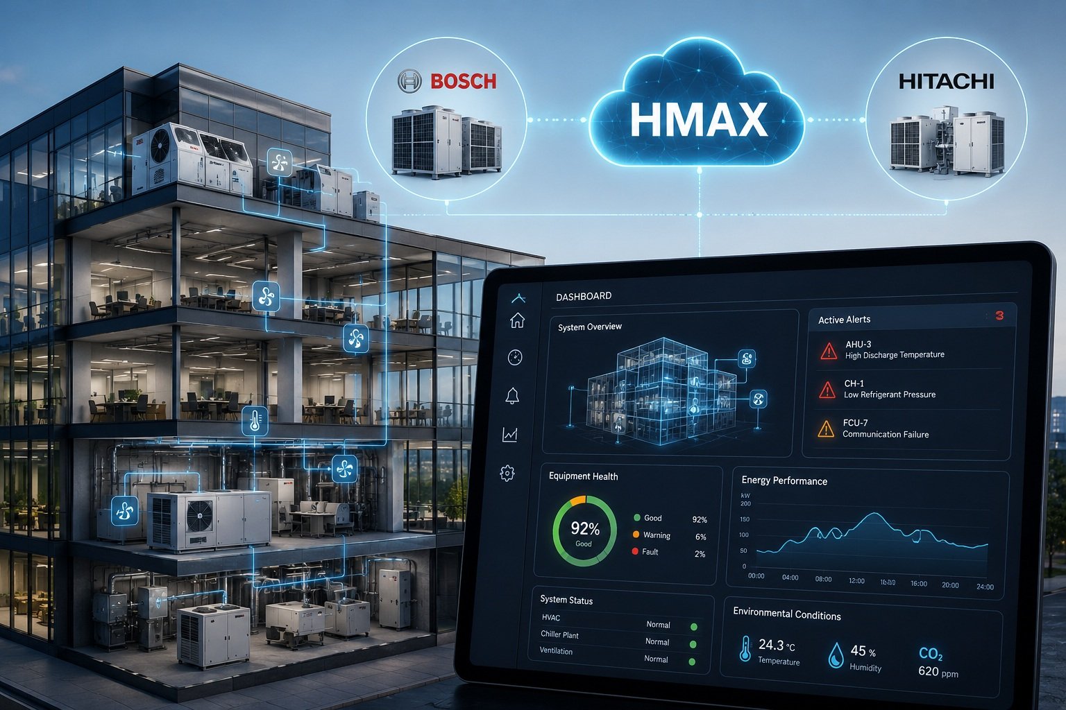 Diagnóstico HVAC de Bosch y Hitachi Link en HMAX para edificios