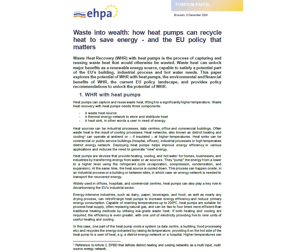 EHPA Highlights Waste Heat Recovery Potential with Industrial Heat Pumps in New Policy Paper