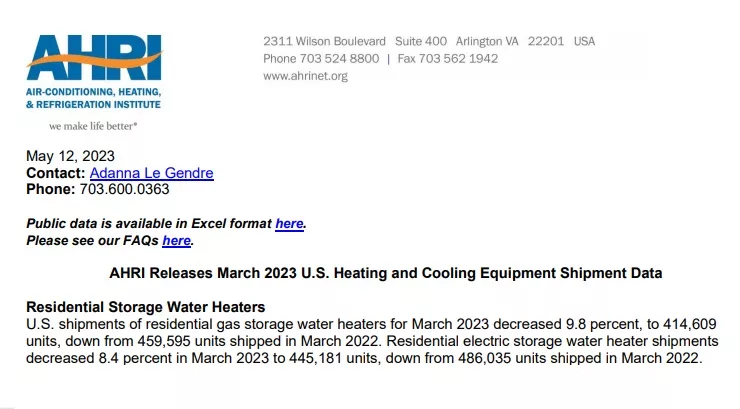 AHRI Releases March 2023 U.S. Heating and Cooling Equipment Shipment Data