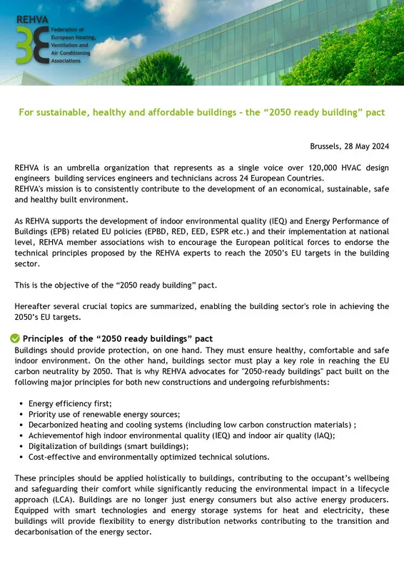 REHVA MANIFESTO for sustainable, healthy and affordable buildings