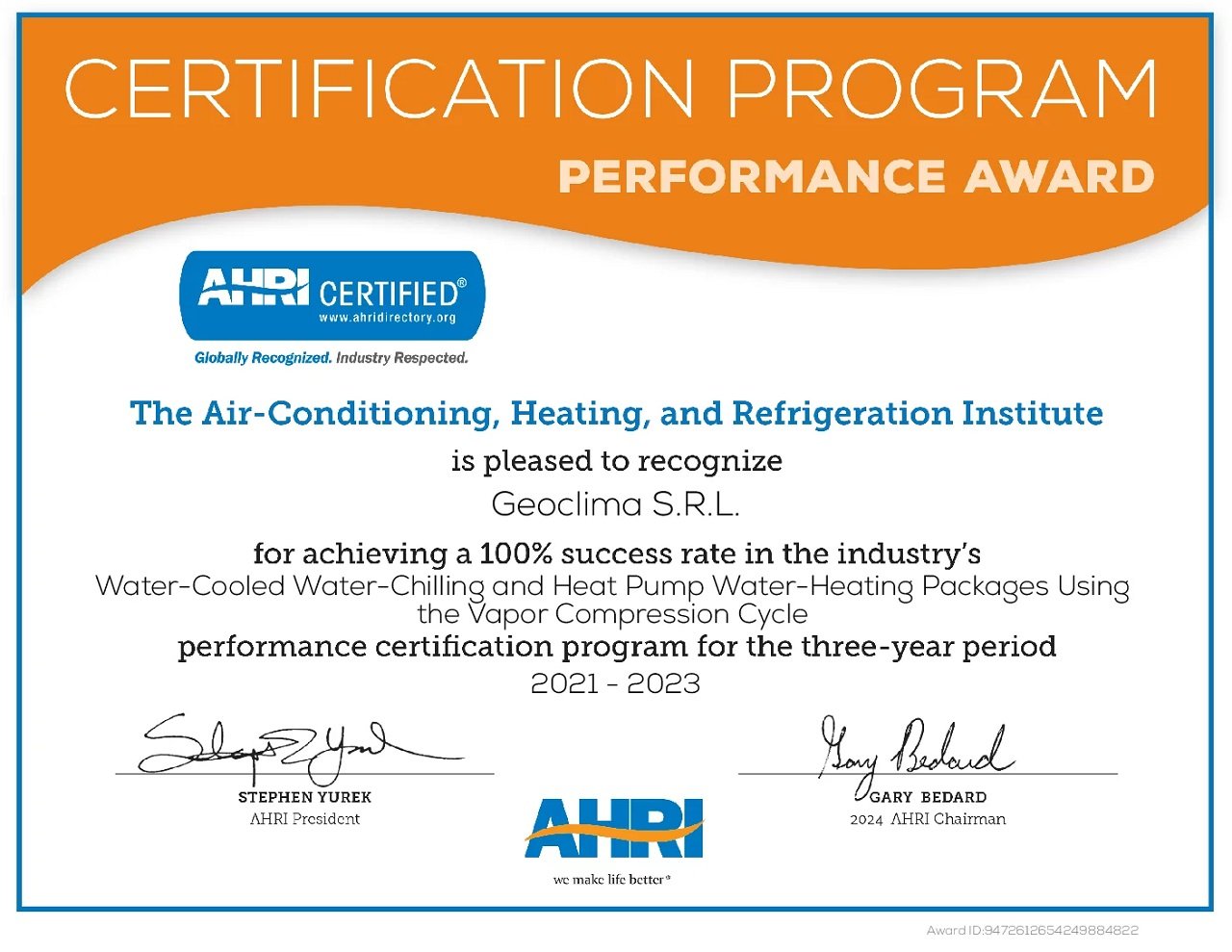 Geoclima received AHRI performance certification