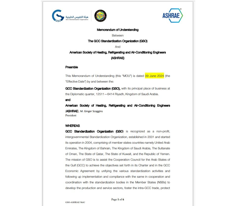 ASHRAE Signs Memorandum of Understanding with GCC Standardization Organization