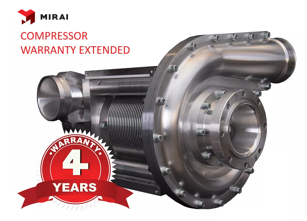 MIRAI Company has announced a 4-year warranty on all MIRAI turbo compressors 