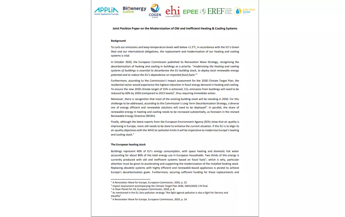 EPEE developed position paper on the need to modernise old heating and cooling systems