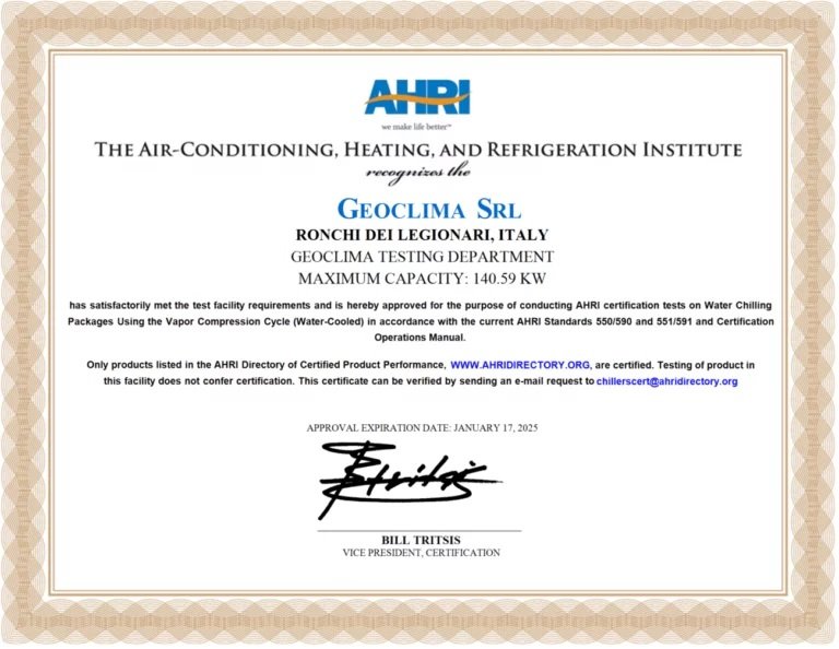 Geoclima’s Test Center has been officially certified by the AHRI