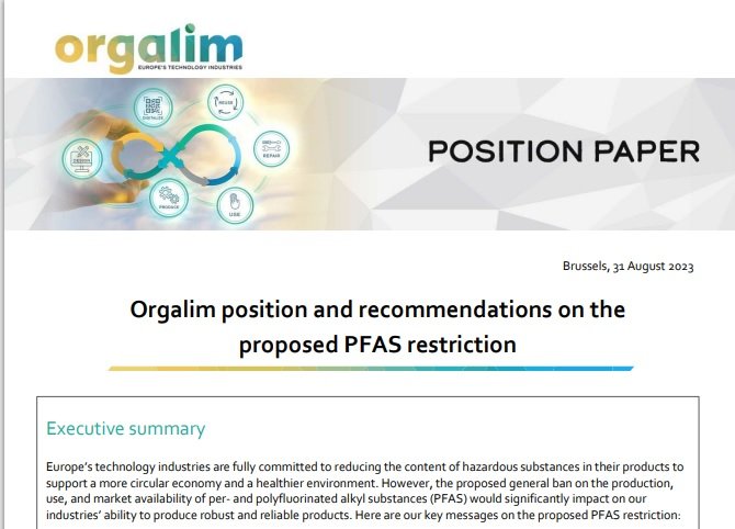 Orgalim position and recommendations on the proposed PFAS restriction