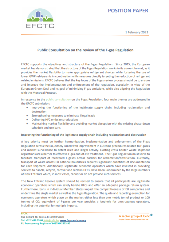 EFCTC position paper: Public Consultation on the review of the F-gas Regulation