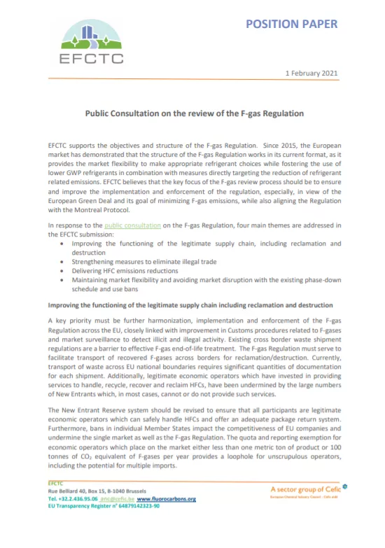 EFCTC position paper: Public Consultation on the review of the F-gas Regulation