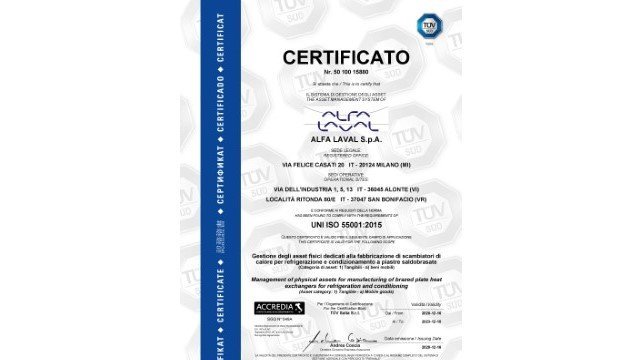 Alfa Laval’s new BHE factory in Italy has secured an ISO 55001