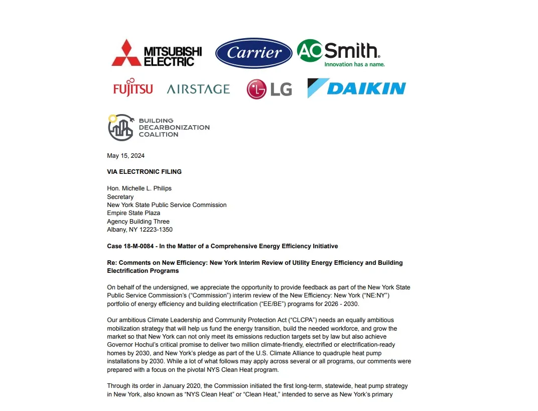 Heat Pump Manufacturers and BDC Urge PSC to Update the NYS Clean Heat Program
