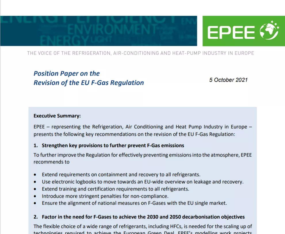 EPEE Position Paper – Revision of the EU F-GAS Regulation