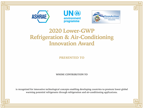 Opening for applications to the 2020 ASHRAE-OzonAction Lower-GWP Innovation Award