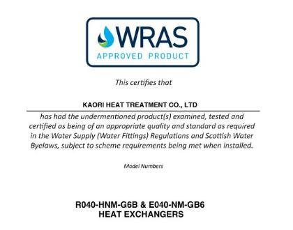 Kaori Brazed Plate Heat Exchangers Awarded WRAS Water Safety Certificate