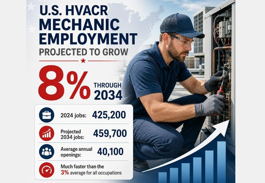 U.S. HVACR mechanic employment projected to grow 8% through 2034